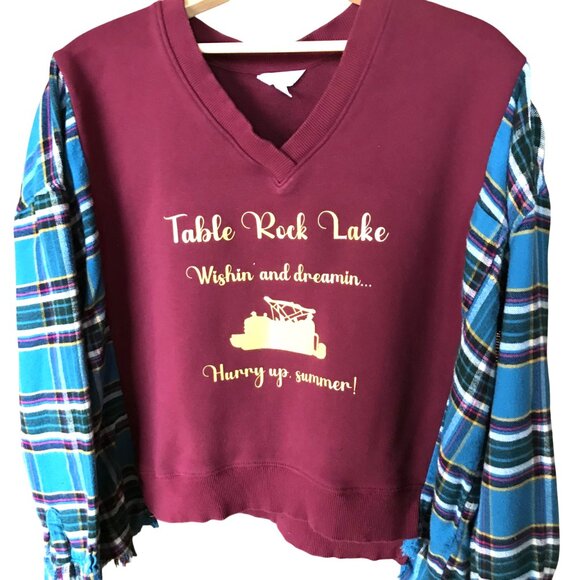 Upcycled Sweatshirt Flannel, M-XL: Oversized Table Rock Lake Pontoon Graphic Tee - Picture 1 of 10